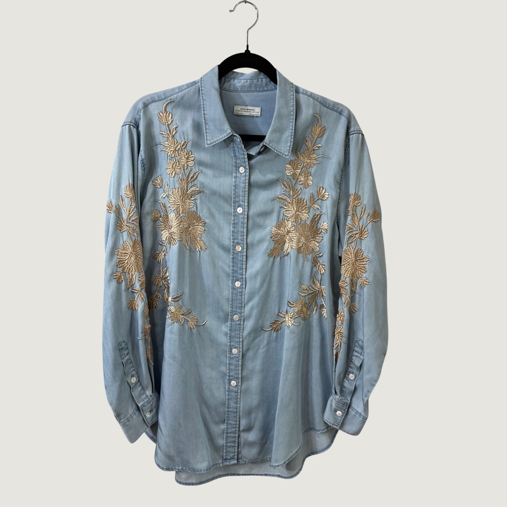 Zara Woman Premium Floral Embroidered Button Down Top Coastal Cowgirl Large